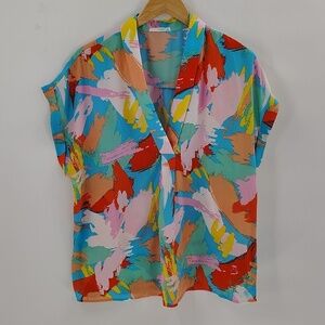 Timing blouse size large multicolor splash look print short sleeve v neck